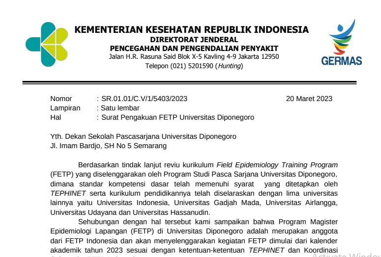 FETP Master of Epidemiology Undip Has Been Recognized Nationally and Internationally